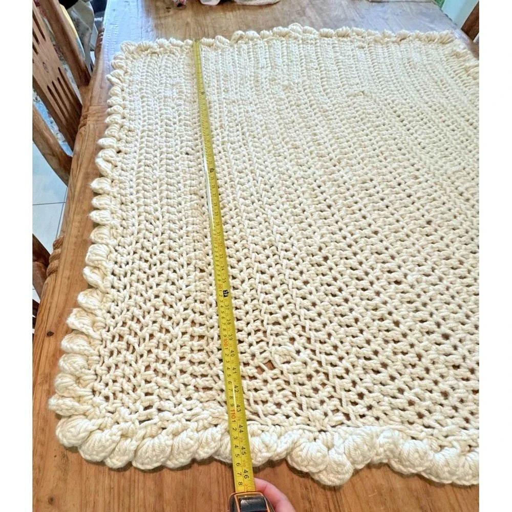Afghan Blanket Wrap Crochet Handmade Bulky Chunky Baby Lap Ivory 45 X 39